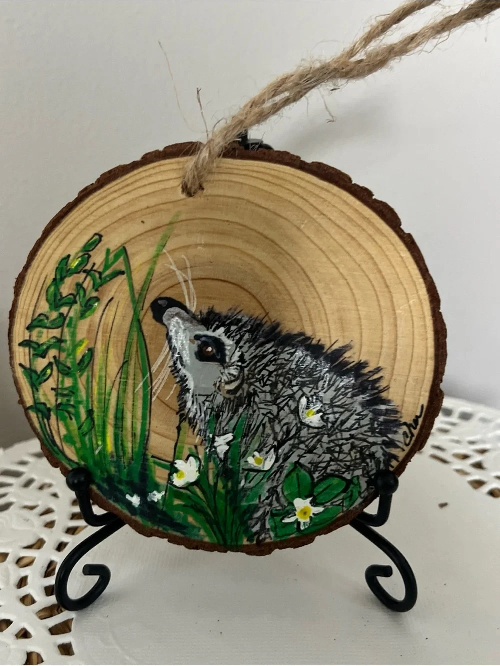 Hand Crafted Green & Gray Woodland Hedgehog Wood Ornament